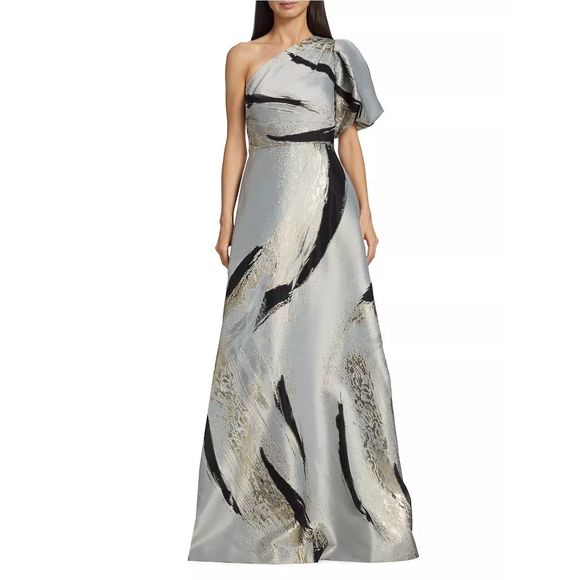 Teri Jon by Rickie Freeman Asymmetric Abstract Jacquard Gown - Picture 2 of 10